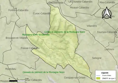 Carte des ZNIEFF de type 2 sur la commune.