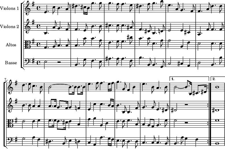 \version "2.14.2"
\header {
tagline = ##f
}
global= {
\time 4/4
\key g \major
}
violinOne = \new Voice \relative c'' {
\set Staff.instrumentName = #"Violons 1 "
\repeat volta 2
{ e,4. c'8 b4. a8 | dis4. cis16 b g'4. g8 | g4. fis8 fis4. e8 | dis4. fis8 g4. b8 | e,4. a,8 g4. fis8 | fis4. a8 d4. d8 |
d4. e8 c4. b8 | b2~ b8. b16 b8. b16 | e4. fis8 fis4. e16 fis | g4. g,8 fis4 b | e4. b8 a4. b8 | }
\alternative {
{ b2~ b8. b,16 cis8. dis16 }
{ b'1 }
}
}
violinTwo = \new Voice \relative c'' {
\set Staff.instrumentName = #"Violons 2 "
\repeat volta 2 {
b,4. a'8 g4. fis8 | fis4. e8 b'4. b8 | cis4. cis8 cis4. ais8 | fis4. dis8 b4. d8 | e2 e4 cis4 | a4. fis'8 fis4. fis8 |
b4. b8 a4 a | a8. a16 g8. fis16 g4 f | e c' c4. b16 a | b4. b,8 b4. fis'8 | g4. g8 e4. dis8 |
}
\alternative {
{ dis2 r2 }
{ dis1 }
}
}
viola = \new Voice \relative c' {
\set Staff.instrumentName = #"Altos "
\clef alto
\repeat volta 2 {
g4. a8 b4. b8 | b4. b'8 b4. g8 | e4. fis8 fis4. cis'8 | b4. b8 d,4. g8 | g2 a,4 e' | d2 d4. d8 |
e2 e4 fis | fis8. fis16 e8. dis16 e4 b | g' a a, c | e4. e8 fis4. b,8 | b4 a8 g a4. fis'8 |
}
\alternative {
{ fis2 r2 }
{ fis1 }
}
}
basse = \new Voice \relative c {
\set Staff.instrumentName = #"Basse "
\clef bass
\repeat volta 2 {
e2 r2 | b4. g'8 fis4. e8 | ais4. ais8 ais4. fis8 | b4. b,8 b4. g8 | c2 cis4 a | d2 b4. b'8 |
g2 a 4 fis4 | dis4. b8 e4 d4 | c a a'4. g16 fis | e4. e8 d4. d8 | c4. c8 c4. b8 |
}
\alternative {
{ b4. a'8 g4 fis4 }
{ b,1 }
}
}
\score {
\new StaffGroup <<
\new Staff << \global \violinOne >>
\new Staff << \global \violinTwo >>
\new Staff << \global \viola >>
\new Staff << \global \basse >>
>>
\layout {
\context {
\Score
\remove "Metronome_mark_engraver"
}
}
\midi { }
}