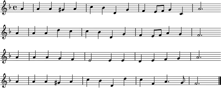 \transpose c bes,
\new Staff <<
\clef treble \key g \major {
\time 4/4 \partial 4
\relative g' {
b4 | b b ais b | d c e, a | g fis8 g a4 d, | b'2. \bar"" \break
b4 | b b e d | d c e, a | g fis8 g b4 a | g2. \bar"" \break
b4 | b b a g | fis2 fis4 fis | e fis g a | b2. \bar"" \break
b4 | b b ais b | d c e, e' | d g, b4. a8 | g2. \bar"|."
}
}
%\new Lyrics \lyricmode {
%}
>>
\layout { indent = #0 }
\midi { \tempo 4 = 80 }