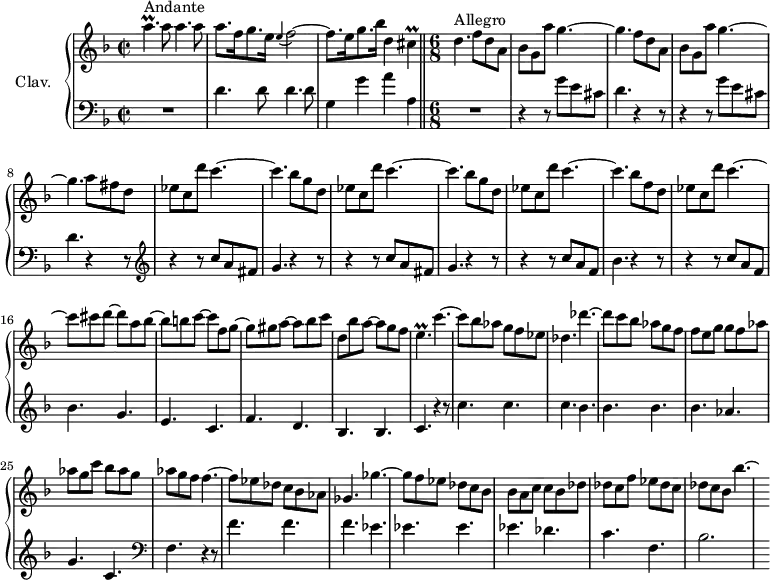 
\version "2.18.2"
\header {
  tagline = ##f
  % composer = "Domenico Scarlatti"
  % opus = "K. 396"
  % meter = "Andante/Allegro"
}

%% les petites notes
trillApUp     = { \tag #'print { a'4.\prall } \tag #'midi { bes32 a bes a~ a4 } }
appoFb        = { \tag #'print { \appoggiatura e4 f2~ } \tag #'midi { e4 f4~ } }
trillCis      = { \tag #'print { cis4\prall } \tag #'midi { d32 cis d cis~   \tempo 2 = 30 cis8   \tempo 2 = 110 } }
trillep       = { \tag #'print { e4.\prall } \tag #'midi { f32 e f e~ e4 } }

upper = \relative c'' {
  \clef treble 
  \key d \minor
  \time 2/2
  \tempo 2 = 56
  \set Staff.midiInstrument = #"harpsichord"
  \override TupletBracket.bracket-visibility = ##f

      s8*0^\markup{Andante}
      \trillApUp a8 a4. a8 | a8. f16 g8. e16 \appoFb | f8. e16 g8. bes16 d,4 \trillCis  \time 6/8   \tempo 4. = 110
      % ms. 4
      d4.^\markup{Allegro} \repeat unfold 2 {  f8 d a | bes g a' g4.~ | g4. }
      % ms. 8 suite
      a8 fis d | ees c d' c4.~ | \repeat unfold 2 { c4. bes8 g d | ees c d' c4.~ } |
      % ms. 14
      c4. bes8 f d | ees c d' c4.~ |
      % ms. 16
      c8 cis d~ d a bes~ | bes b c~ c f, g~ | g gis a~ a bes c | d, bes' a~ a g f |
      % ms. 20
      \trillep c'4.~ | c8 bes aes g f ees | des4. des'4.~ | des8 c bes aes g f | f e g g f aes |
      % ms. 25
      aes g c bes aes g | aes g f f4.~ | f8 ees des c bes aes | ges4. ges'~ | ges8 f ees des c bes |
      % ms. 30
      bes8 a c c bes des | des c f ees des c | des c bes bes'4.~ | \hideNotes bes8*1/8

}

lower = \relative c' {
  \clef bass
  \key d \minor
  \time 2/2
  \set Staff.midiInstrument = #"harpsichord"
  \override TupletBracket.bracket-visibility = ##f

    % ************************************** \appoggiatura a16  \repeat unfold 2 {  } \times 2/3 { }   \omit TupletNumber 
      R1 | \repeat unfold 2 { d4. d8 } | g,4 g' a a, \bar "||"  \time 6/8
      % ms. 4
      R2. | \repeat unfold 2 { r4 r8 g'8 e cis | d4. r4 r8 } |   \clef treble 
      % ms. 9
      \repeat unfold 2 { r4 r8 c'8 a fis | g4. r4 r8 } | r4 r8 c8 a f | bes4. r4 r8 | r4 r8 c8 a f |
      % ms. 16
      bes4. g | e c | f d | bes bes |
      % ms. 20
      c4. r4 r8 | c'4. c | c bes | bes bes | bes aes |
      % ms. 25
      g4. c, |   \clef bass f,4. r4 r8 | f'4. f | f ees | ees ees |
      % ms. 30
      ees4. des | c f, | bes2. | s64

}

thePianoStaff = \new PianoStaff <<
    \set PianoStaff.instrumentName = #"Clav."
    \new Staff = "upper" \upper
    \new Staff = "lower" \lower
  >>

\score {
  \keepWithTag #'print \thePianoStaff
  \layout {
      #(layout-set-staff-size 17)
    \context {
      \Score
     \override SpacingSpanner.common-shortest-duration = #(ly:make-moment 1/2)
      \remove "Metronome_mark_engraver"
    }
  }
}

\score {
  \keepWithTag #'midi \thePianoStaff
  \midi { }
}
