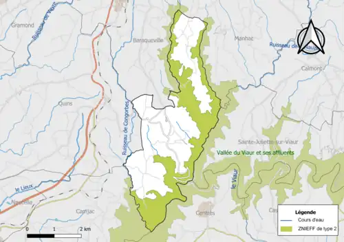 Carte de la ZNIEFF de type 2 de la commune.