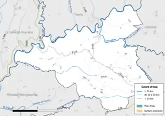 Carte en couleur présentant le réseau hydrographique de la commune