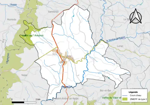Carte de la ZNIEFF de type 2 de la commune.