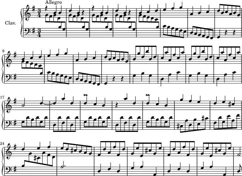 \version "2.18.2"
\header {
tagline = ##f
}
%% les petites notes
trillD = { \tag #'print { d4\prall } \tag #'midi { e32 d e d~ d8 } }
upper = \relative c'' {
\clef treble
\key g \major
\time 3/4
\tempo 4 = 152
\set Staff.midiInstrument = #"harpsichord"
s8*0^\markup{Allegro}
\stemUp \repeat unfold 2 { r4 b4 b | d b r4 } | b4 c d | e fis g |
% ms. 7
a, b c | d8 b c a b g | b4 c d | e fis g | a, b c | d8 b c a b g |
% ms. 13
\repeat unfold 2 { b8 g' d b' b, d | c a' a, fis' c a' } | b,2 d4~ | d4 a' d, |
% ms. 19
\trillD c4 b | r4 a'4 d, | \trillD c4 b | g' fis e | d e cis | d e fis
% ms. 25
e8 d cis b a g | \repeat unfold 2 { fis d' a fis' fis, d' | g, e' e, cis' g e' } | fis,2*1/4
}
lower = \relative c' {
\clef bass
\key g \major
\time 3/4
\set Staff.midiInstrument = #"harpsichord"
% **************************************
\repeat unfold 4 { \stemDown \change Staff = "upper" g'8 fis g d \stemUp \change Staff = "lower" b g } | \repeat unfold 2 { \stemDown \change Staff = "upper" g'8 fis e d c \stemUp \change Staff = "lower" b | \stemNeutral c b a g fis e |
% ms. 7
d8 c b a g fis | g4 r4 r4 } |
% ms. 13
\repeat unfold 2 { g'4 b g | d a' c } | \repeat unfold 2 { g8 d' b d g, d' | d, d' fis, d' d, d' } |
% ms. 21
g,8 d' b d g, d' | cis,8 a' d, b' e, cis' | fis, d' g, e' a, fis' | \stemUp b, \stemDown \change Staff = "upper" g' cis, a' fis d |
% ms.
\stemUp \change Staff = "lower" a2. | \repeat unfold 2 { d,4 fis d | g a a, } | d8
}
thePianoStaff = \new PianoStaff <<
\set PianoStaff.instrumentName = #"Clav."
\new Staff = "upper" \upper
\new Staff = "lower" \lower
>>
\score {
\keepWithTag #'print \thePianoStaff
\layout {
#(layout-set-staff-size 17)
\context {
\Score
\override SpacingSpanner.common-shortest-duration = #(ly:make-moment 1/2)
\remove "Metronome_mark_engraver"
}
}
}
\score {
\keepWithTag #'midi \thePianoStaff
\midi { }
}