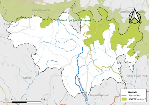 Carte de la ZNIEFF de type 2 de la commune.