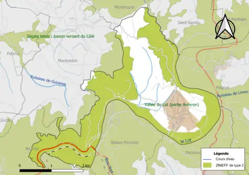 Carte de la ZNIEFF de type 2 de la commune.