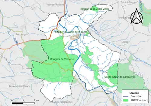 Carte des ZNIEFF de type 1 de la commune.