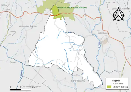 Carte de la ZNIEFF de type 2 de la commune.