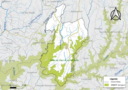 Carte de la ZNIEFF de type 2 de la commune.