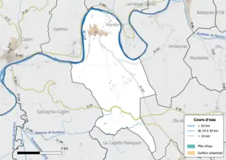 Carte en couleur présentant le réseau hydrographique de la commune