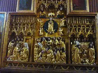Le Retable de la Vierge, partie centrale du registre inférieur, la Dormition (vue d'ensemble).