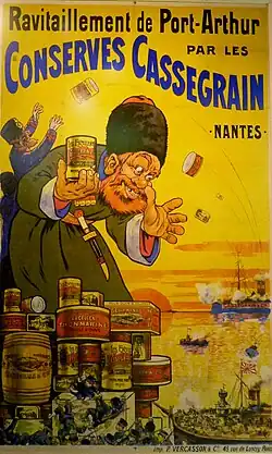 Publicité  des conserves Cassegrain ravitaillant Port-Arthur pendant la guerre russo-japonaise de 1904-05.