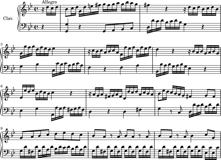 
\version "2.18.2"
\header { 
  tagline = ##f
}

%% les petites notes
trillFq   = { \tag #'print { f8\trill } \tag #'midi { g32 f g f } }

upper = \relative c'' {
  \clef treble 
  \key g \minor
  \time 4/4
  \tempo 4 = 80
  \set Staff.midiInstrument = #"harpsichord"

      s8*0^\markup{Allegro}
      \partial 4
      r16 d16 c d | bes8 c16 d g, d' e fis g fis g a  g bes a g | fis4 r4 r16 d16 c d bes c d bes | g g' f g d f ees d ees4 r4 |
      % ms. 4
      r16 c16 bes c a bes c a f f' ees f c f ees f | d4 r4 r16 bes a bes g a bes g |
      % ms. 6
      ees16 ees' d ees bes d c bes c4 r4 | r16 a16 g a fis g a fis d d' c d a c bes a |
      % ms. 8
      bes8 ees16 d c bes a g fis4 g8 fis | g a bes c d ees d c | bes a r8 \repeat unfold 2 { a8 bes[ a] r8 } a8 bes4 c8 g |
      % ms. 12
      

}

lower = \relative c {
  \clef bass
  \key g \minor
  \time 4/4
  \set Staff.midiInstrument = #"harpsichord"

    % **************************************
      r4 | < g g' >4 r4 g8 a bes c | d16 d' c d bes c d bes g4 r4 | g4 bes c,16 c' bes c a bes c a |
      % ms. 4
      f4 r4 f4 a | bes,16 bes' a bes g a bes g ees4 r4 | ees4 g a,16 a' g a  fis g a fis | d4 r4 d4 fis |
      % ms. 8
      g4 r8 c,8 d16 d' c d bes d a d g, d' fis, d' g, d' a d bes d c d bes d a \repeat unfold 6 { d g, d' fis, } d' g, d' g, d' ees, c' ees, c' |
      % ms. 12
      

}

thePianoStaff = \new PianoStaff <<
    \set PianoStaff.instrumentName = #"Clav."
    \new Staff = "upper" \upper
    \new Staff = "lower" \lower
  >>

\score {
  \keepWithTag #'print \thePianoStaff
  \layout {
      #(layout-set-staff-size 17)
    \context {
      \Score
     \override SpacingSpanner.common-shortest-duration = #(ly:make-moment 1/2)
      \remove "Metronome_mark_engraver"
    }
  }
}

\score {
  \keepWithTag #'midi \thePianoStaff
  \midi { }
}
