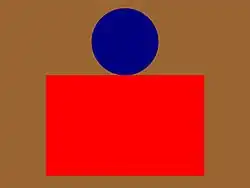 Carré rouge surmonté d'un cercle bleu sur fond brun.