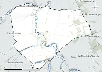 Carte en couleur présentant le réseau hydrographique de la commune