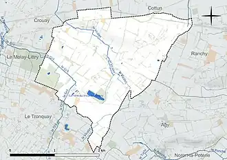 Carte en couleur présentant le réseau hydrographique de la commune