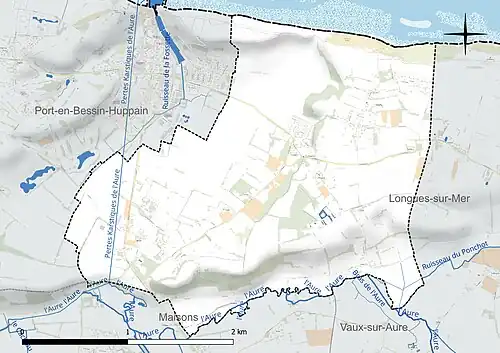 Carte en couleur présentant le réseau hydrographique de la commune