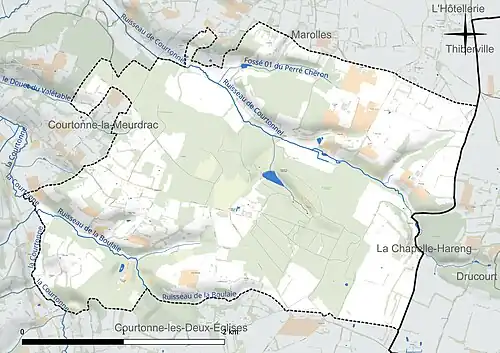 Carte en couleur présentant le réseau hydrographique de la commune