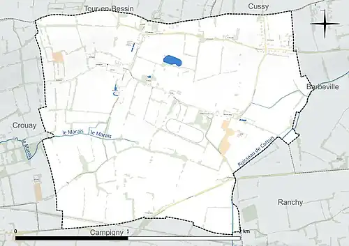 Carte en couleur présentant le réseau hydrographique de la commune