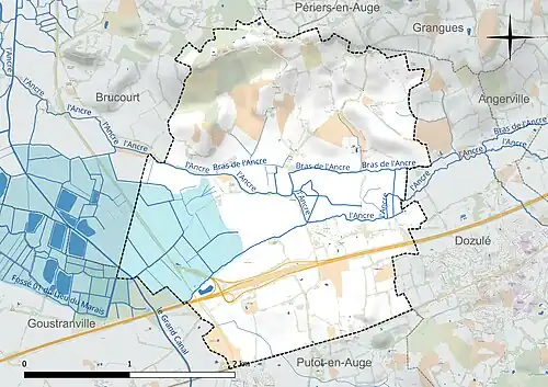 Carte en couleur présentant le réseau hydrographique de la commune