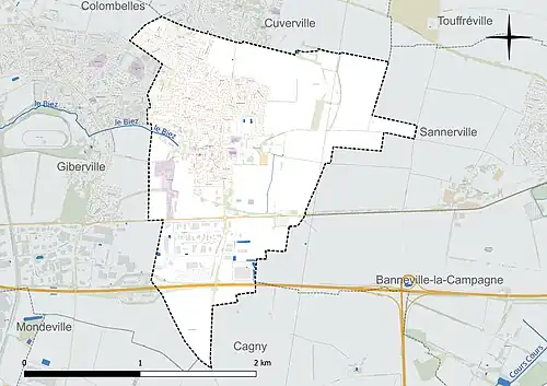 Carte en couleur présentant le réseau hydrographique de la commune