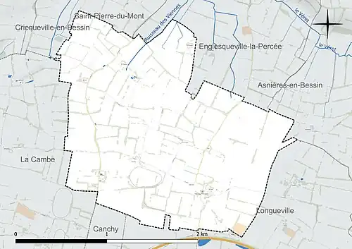 Carte en couleur présentant le réseau hydrographique de la commune