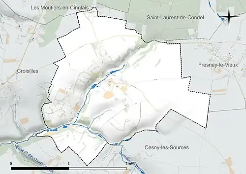 Carte en couleur présentant le réseau hydrographique de la commune