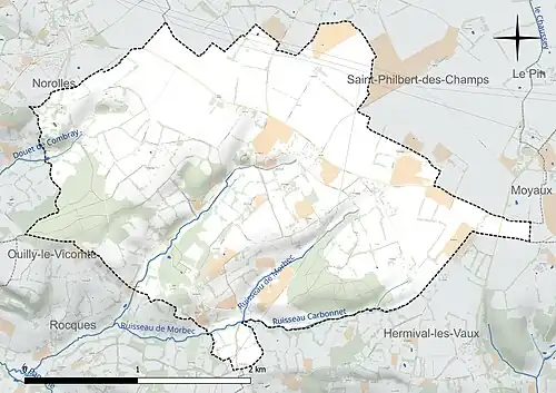 Carte en couleur présentant le réseau hydrographique de la commune