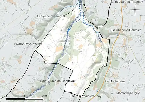 Carte en couleur présentant le réseau hydrographique de la commune