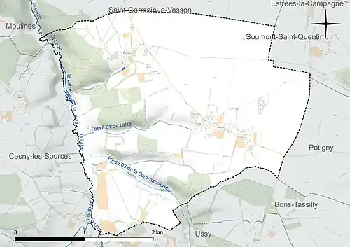 Carte en couleur présentant le réseau hydrographique de la commune
