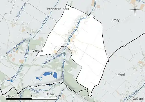 Carte en couleur présentant le réseau hydrographique de la commune