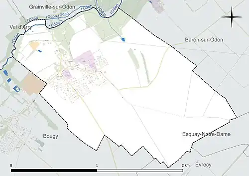 Carte en couleur présentant le réseau hydrographique de la commune