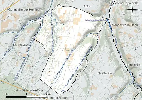Carte en couleur présentant le réseau hydrographique de la commune
