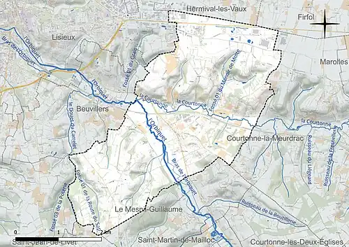 Carte en couleur présentant le réseau hydrographique de la commune