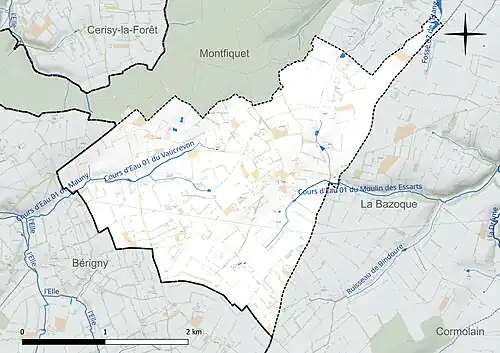 Carte en couleur présentant le réseau hydrographique de la commune