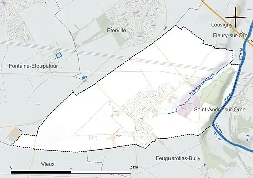 Carte en couleur présentant le réseau hydrographique de la commune