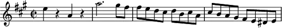 
\version "2.18.2"
\header {
  tagline = ##f
}

\score {
  \new Staff \with {

  }
<<
  \relative c'' {
    \key a \major
    \time 2/2  
    \tempo 2 = 120
    \override TupletBracket #'bracket-visibility = ##f 

     %%Mozart — Concerto 23, mvt 3, th. 1
     e4 r4 a, r4 a'2. gis8 fis fis e d cis d b cis a cis b a gis fis e dis e

  }
>>
  \layout {
     \context { \Score \remove "Metronome_mark_engraver" }
  }
  \midi {}
}
