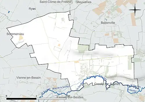 Carte en couleur présentant le réseau hydrographique de la commune