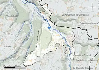 Carte en couleur présentant le réseau hydrographique de la commune