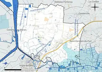 Carte en couleur présentant le réseau hydrographique de la commune