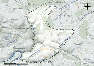 Carte en couleur présentant le réseau hydrographique de la commune