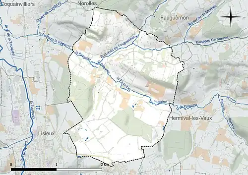 Carte en couleur présentant le réseau hydrographique de la commune