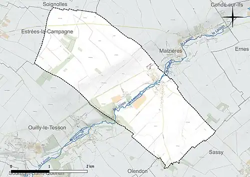 Carte en couleur présentant le réseau hydrographique de la commune