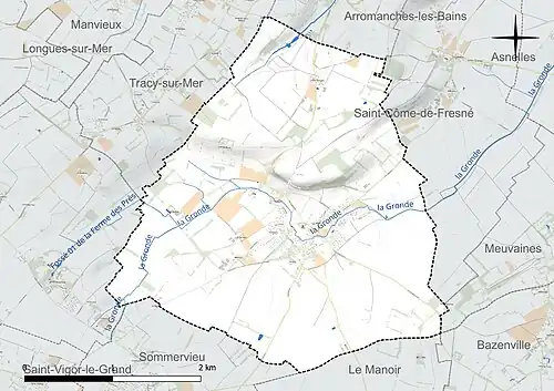 Carte en couleur présentant le réseau hydrographique de la commune
