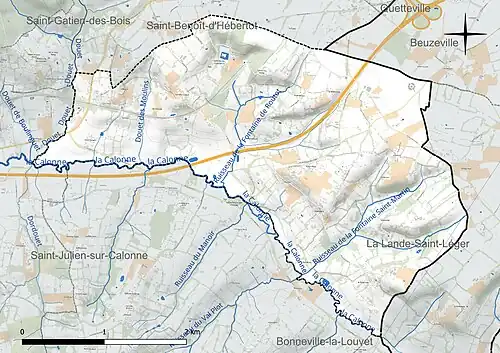 Carte en couleur présentant le réseau hydrographique de la commune