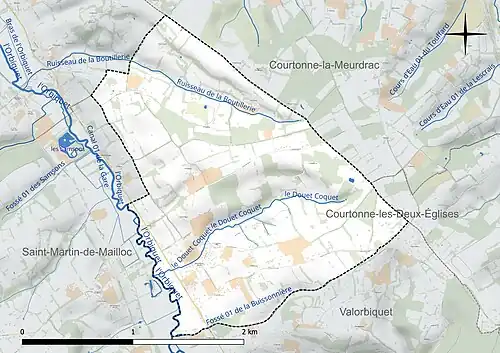 Carte en couleur présentant le réseau hydrographique de la commune