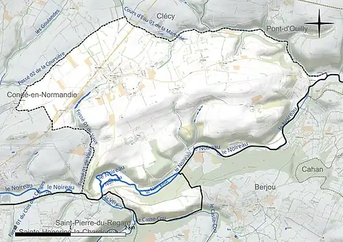 Carte en couleur présentant le réseau hydrographique de la commune
