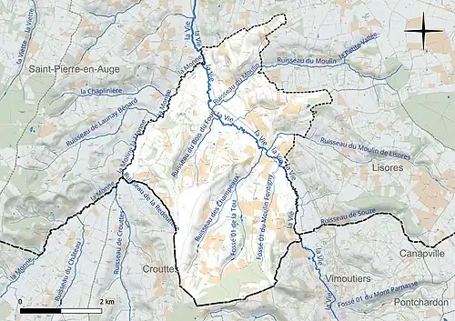 Carte en couleur présentant le réseau hydrographique de la commune