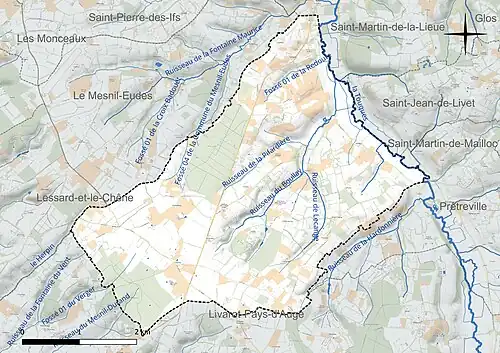 Carte en couleur présentant le réseau hydrographique de la commune