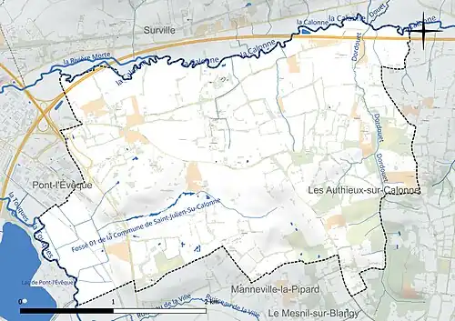 Carte en couleur présentant le réseau hydrographique de la commune